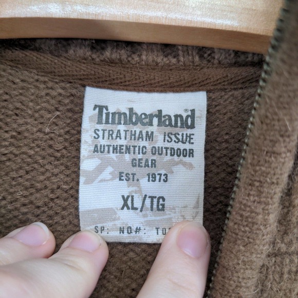 Timberland Men's 1/4 Zip Pullover Knit Sweater Brown XL Chest Stripe Lambswool - Picture 9 of 13